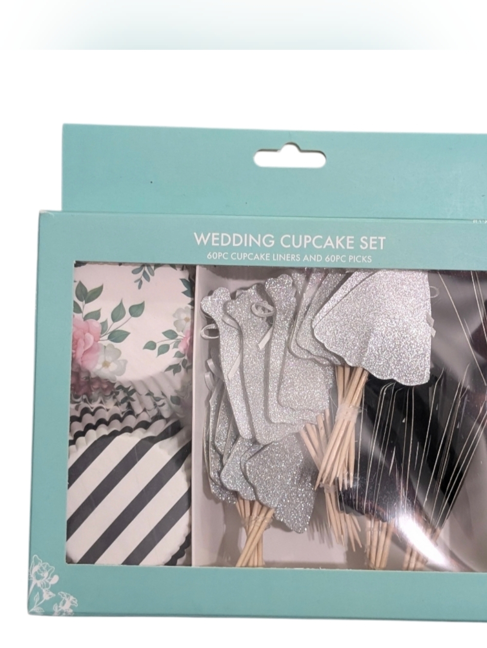 Wedding Cupcake 60 PC Set - Silver & Floral Cupcake Liners and Picks